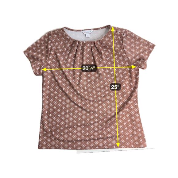 Liz Claiborne Brown Geometric Ponte Knit Kick Pleated Crew Neck Top Womens Large - Picture 8 of 8